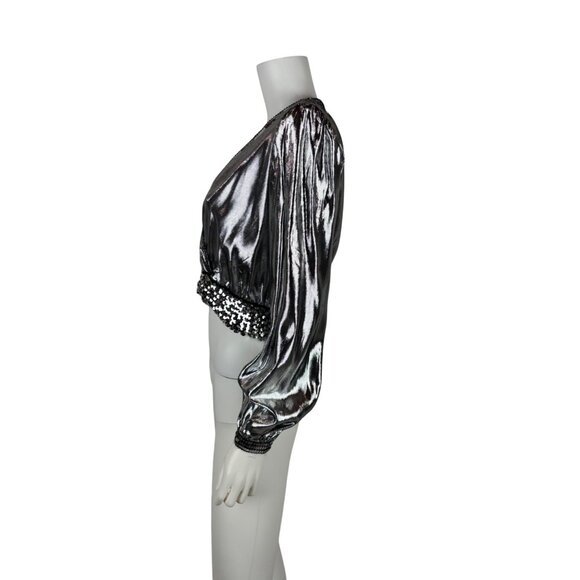 Vintage 70s Disco Shirt Womens Medium Silver Metallic Surplice Wrap Sequin Eveni - Picture 8 of 12